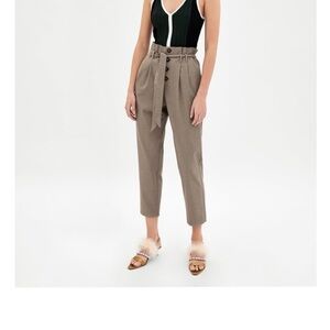 Zara Dress Paperbag Pants Button Fly with Belt Womens Brown Plaid Checker Sz M.